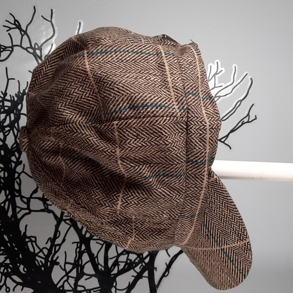 Brown Tan Plaid Paperboy Hat Outerwear Fun Cute Teal Stripe Button Top
